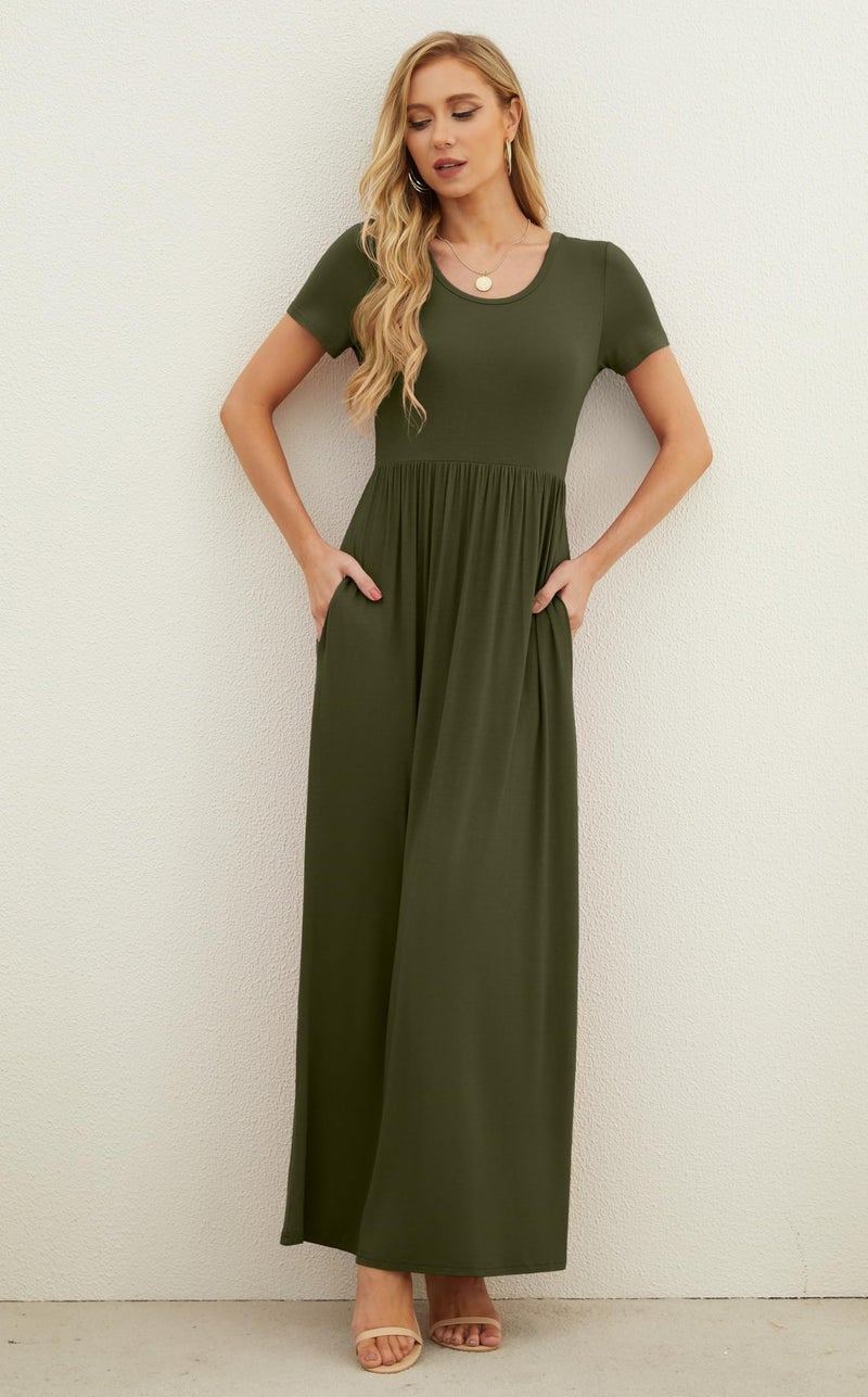 GRECERELLE Women Summer Crew Neck Casual Short Sleeve Long Maxi Dress with Pockets, Army Green, M - Image 1